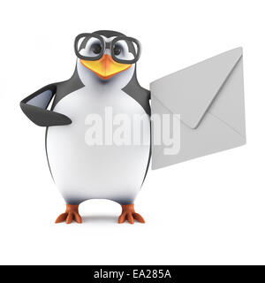 3d render of a penguin holding an envelope. Stock Photo