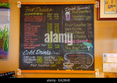 Colorful blackboard price list of coffee and drink specials at The Williams Company boutique. Ottertail Minnesota MN USA Stock Photo