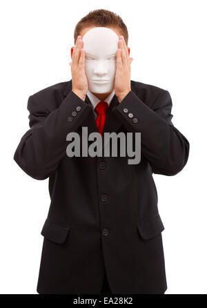 Business man covering his face with blank mask Stock Photo