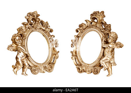 Golden picture frame with angels isolated over white, clipping path. Stock Photo