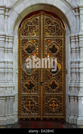 Holy doors of the marble iconostasis in the Russian Orthodox Saint Simeon's Church in Dresden, Saxony, Germany. Stock Photo