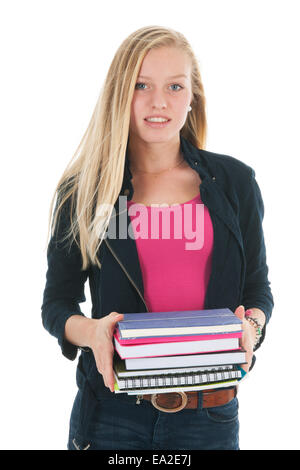 Girl schoolgirl with a heavy stack of books isolated Stock Photo - Alamy
