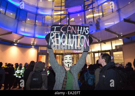 London, UK. 5th November,  2014. Picture shows demonstrators outside the BBC headquarters at Portland Place in London part of the Anonymous activist group 'Million Mask March'  London UK. Credit:  Jeff Gilbert/Alamy Live News Stock Photo