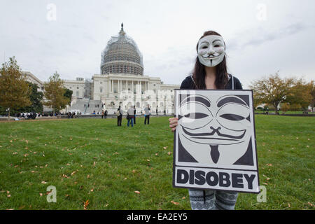 Washington, DC, USA. 5th November, 2014. Hundreds of Anonymous led demonstrators rally in Washington, DC, protesting against austerity, mass surveillance and oppression on this Guy Fawkes Day Credit:  B Christopher/Alamy Live News Stock Photo