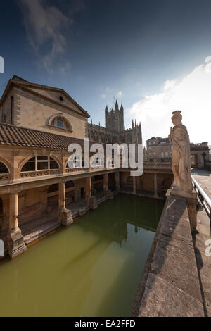 The Roman Baths and Bath Abbey in Bath, Somerset Stock Photo