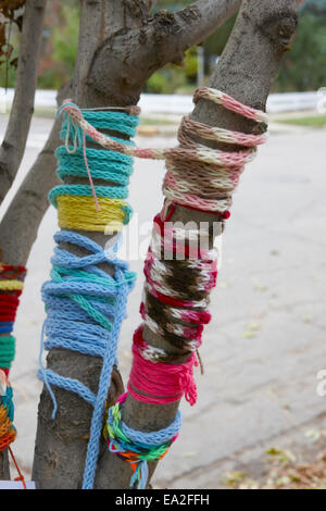 yarn bombing on trees in Saskatchewan Canada Stock Photo