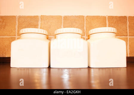 Jars in kitchen with free copyspace. Stock Photo