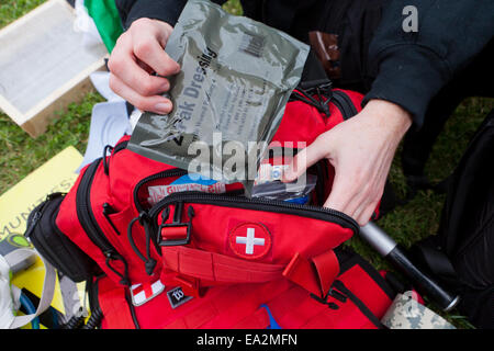 EMT personnel preparing first aid kit - USA