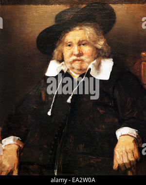 Portrait of an elderly man (1667) depicting a man in a relaxed pose with an open jacket,loose white collar,and tilted black hat by Rembrandt van Rijn. Stock Photo