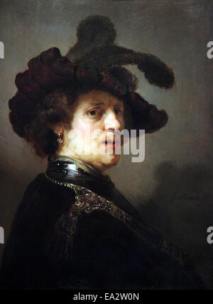 ''Tronie of a man with a feathered Beret,c.1635-1640.by Rembrandt van Rijn.1606-1669.Dutch painter. Stock Photo