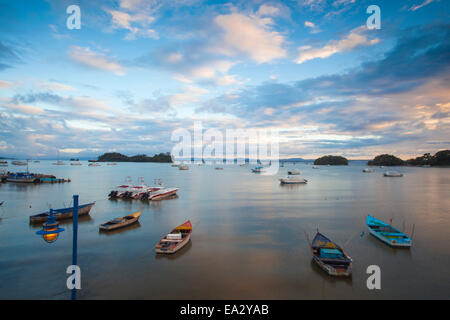 View of harbour, Los Puentes (Bridges to Nowhere) and Playa Cayacoa, Samana, Eastern Peninsula de Samana, Dominican Republic Stock Photo