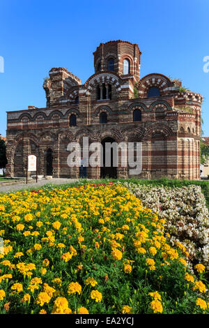 Flower border, Church of Christ Pantokrator, Nesebar (Nessebar), UNESCO World Heritage Site, Black Sea Coast, Bulgaria, Europe Stock Photo