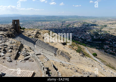 The Hellenistic ancient theatre on the south slope of the Acropolis of ancient Pergamum modern day Bergama, Turkey. Dating from Stock Photo