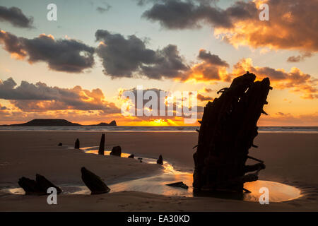 Wreck of Helvetia, Worms Head, Rhossili Bay, Gower, Wales, UK Stock Photo