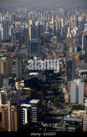 View over Sao Paulo skyscrapers and traffic jam from taxi helicopter, Sao Paulo, Brazil, South America Stock Photo