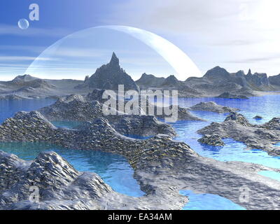 3D render of a fantasy alien landscape with moon at night Stock Photo ...