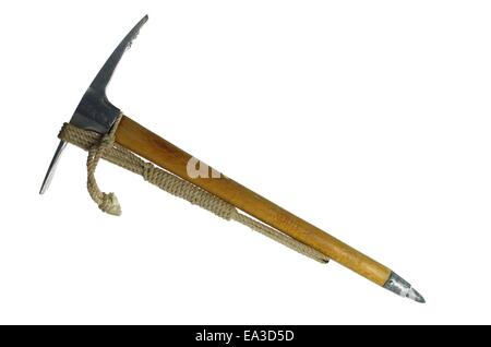 old ice-axe with rope on white background Stock Photo