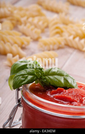 Composition of ingredients for the preparation of tomato sauce in the Italian manner Stock Photo