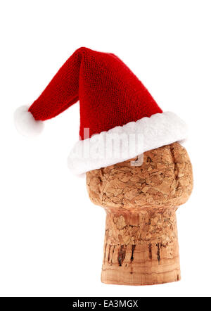 Champagne cork in Christmas Santa Hat isolated on white Stock Photo