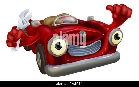 Cartoon convertible red classic sports car auto repair garage mechanic character holding a wrench and giving a thumbs up gesture