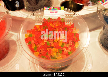 Display of Gummy Bears for sale at IT'SUGAR candy shop on Broadway in Greenwich Village, Manhattan, New York City Stock Photo