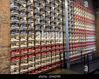 Converse sneakers laid out in the pattern of an American flag at the Converse store on Broadway in Greenwich Village, New York City. Stock Photo