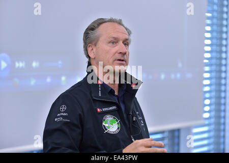 André Borschberg, pilot of Solar Impulse airplane, gives a presentation in Neuchâtel, Switzerland. Stock Photo