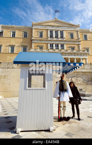 Evzone in front of Greek Parliament, Athens, Greece Stock Photo