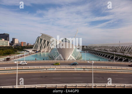 View over the hemisferic to the pont de grau in the city of arts and science, Valencia, Spain. Stock Photo