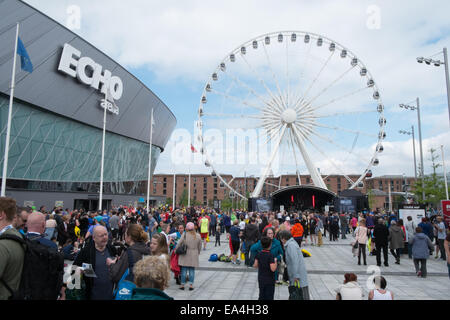 At the end of Liverpool Rock n Roll Marathon at riverside next to Liverpool Echo Arena and Big Ferris Wheel,Liverpool,England, Stock Photo