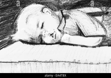 Sleeping toddler, original pencil sketch of two year old boy sleeping. Stock Photo