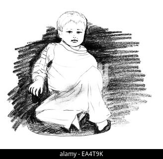 Boy sitting, original pencil sketch of four year old boy sitting in a sofa. Stock Photo