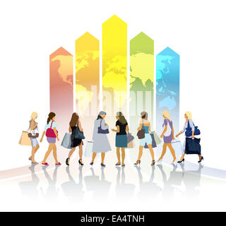 Group of women with shopping bags going to a large colorful chart Stock Photo
