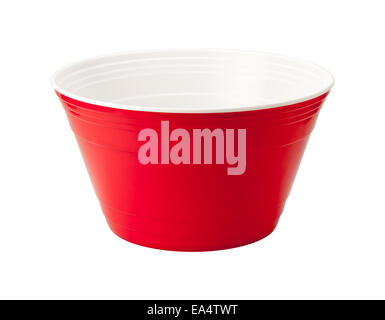 Empty red disposable plastic bowl. These brightly colored containers are a favorite at parties and picnics and are used to serve Stock Photo