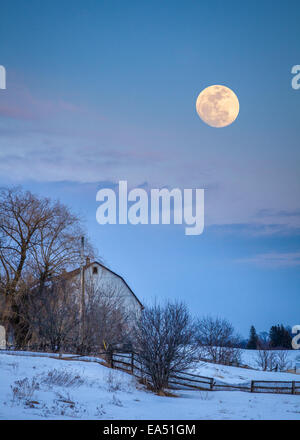 Moon rising over barn in York Region, Ontario,Canada . Stock Photo
