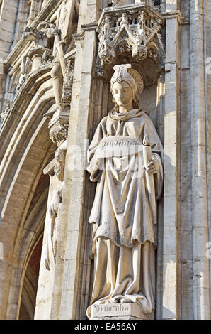 statue of Prudence from medieval facade of City Hall on Grand Place in Brussels, Belgium Stock Photo