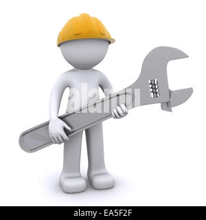 3D construction worker with adjustable wrench. Isolated Stock Photo