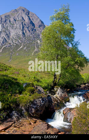 Stob Dearg, Buachaille Etive Mor and River Coupall Waterfall, Glen Etive, Lochaber, Highland, Scotland, UK Stock Photo