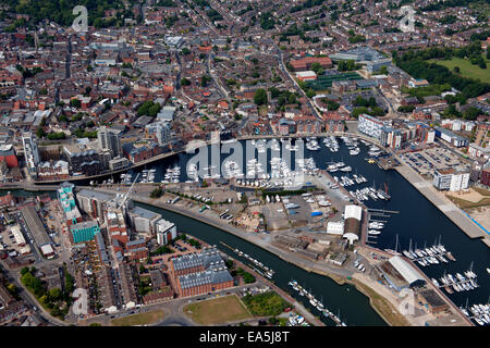 An aerial view of Ipswich Suffolk with the town centre, Football stadium offices and the marina on the River Orwell Stock Photo