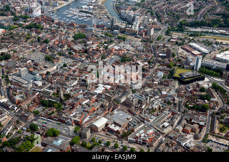 An aerial view of Ipswich Suffolk with the town centre, Football stadium offices and the marina on the River Orwell Stock Photo