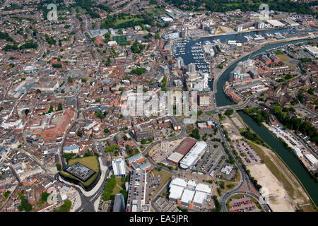 An aerial view of Ipswich Suffolk with the town centre, Football stadium offices and the marina on the River Orwell Stock Photo