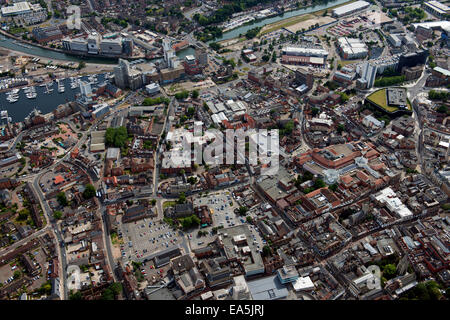 An aerial view of Ipswich Suffolk with the town centre, Football stadium offices and the marina on the River Orwell Stock Photo