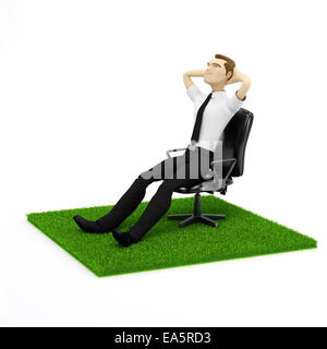 A conceptual image of a relaxing businessman on personal piece of green grass. Isolated on white Stock Photo