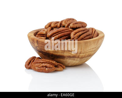 pecan nuts in wood bowl, isolated on white background Stock Photo