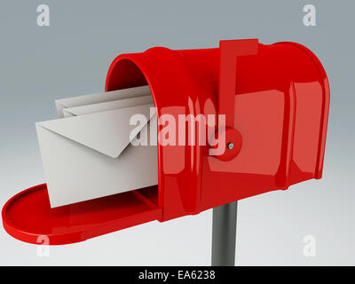 red mail box with heap of letters Stock Photo
