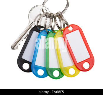 One key with five tags isolated on white. Stock Photo