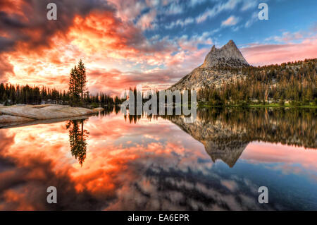 USA, California, Yosemite National Park, Last Light at Cathedral Lake Stock Photo