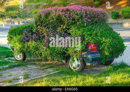 Conceptual flower decoration of old car, ecological object metaphor Stock Photo