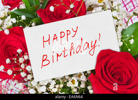 Roses bouquet and card Happy Birthday Stock Photo