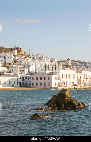Mykonos town on a beautiful sunny day with white buildings, Mykonos, Cyclades Islands, Greece. Stock Photo